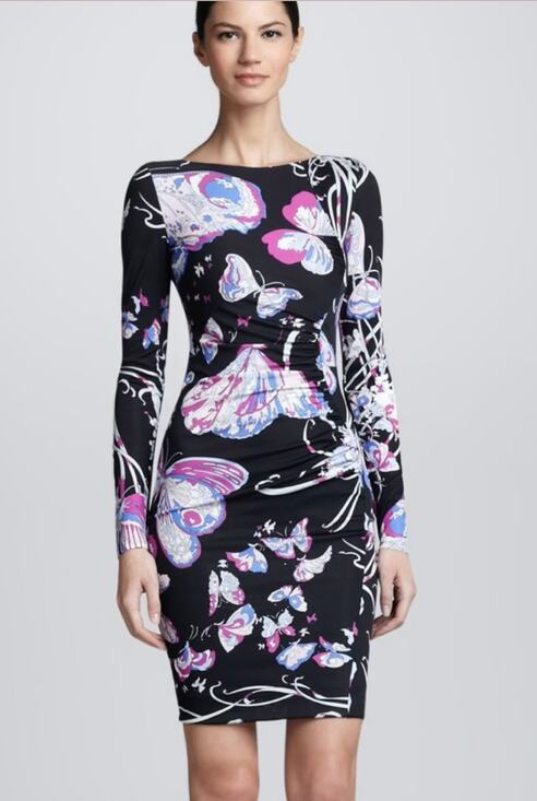 Emilio Pucci Dresses & Skirts - Emilio Pucci Butterfly Print Sheath Dress US 8 Black Pink Y2K Ruched Silk Blend